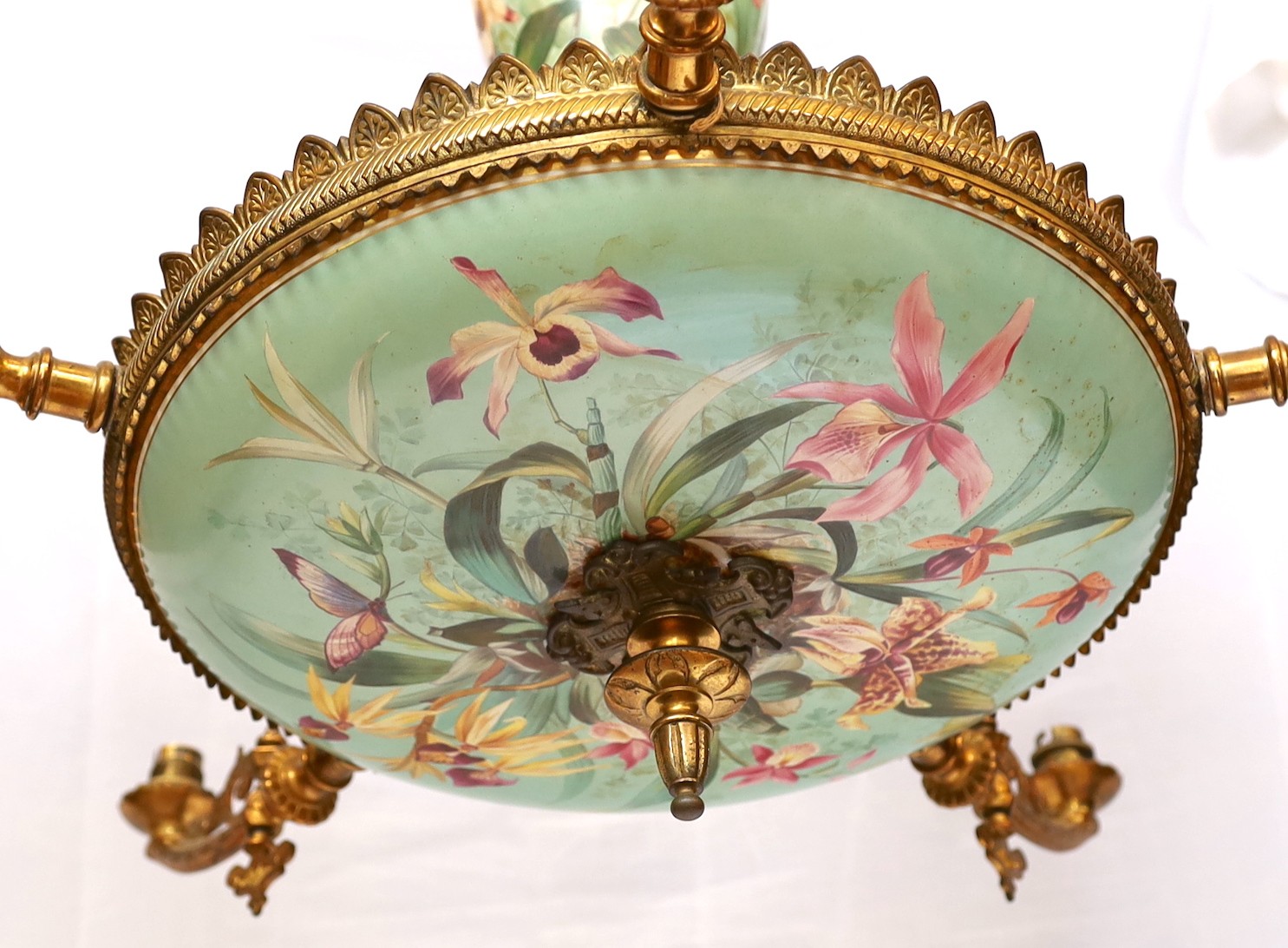 A Victorian ormolu mounted Doulton faience gasolier decorated with orchids on a bleu celeste ground, converted to electricity, drop 60cm. width 80 cm